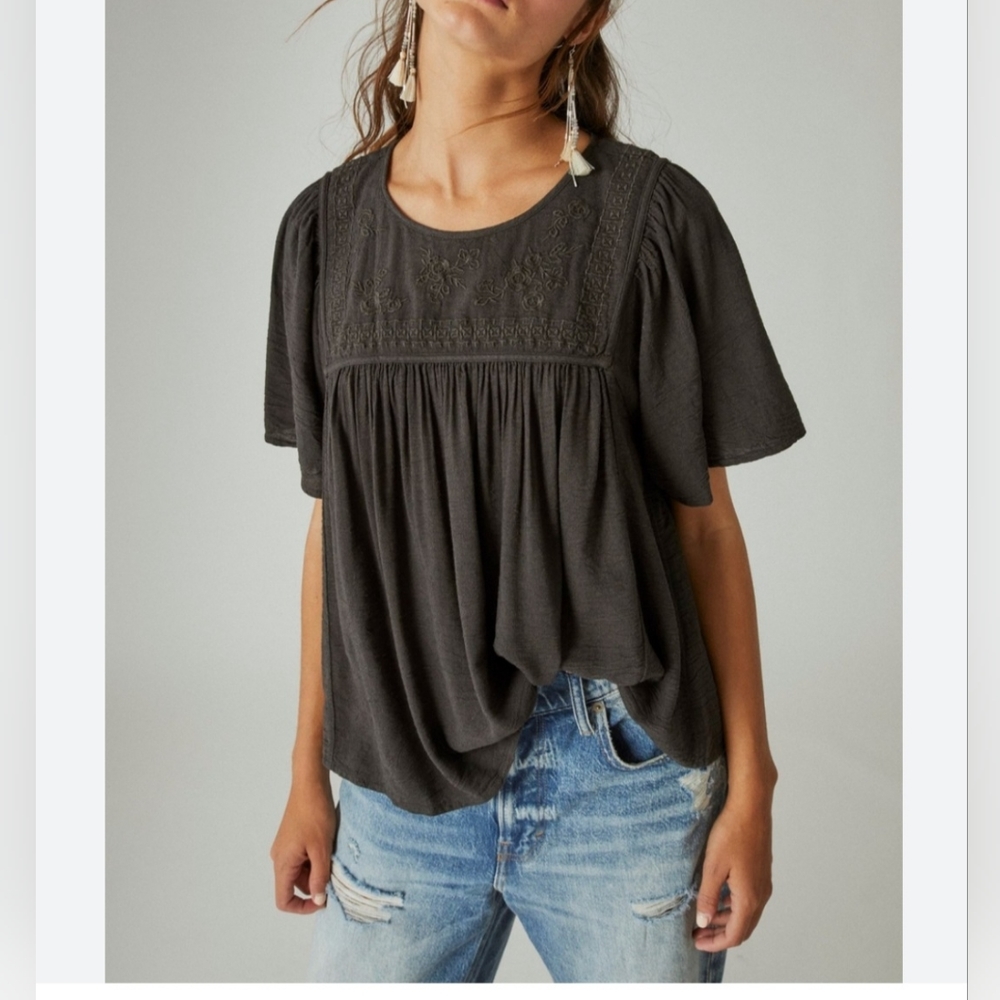 Lucky Brand Women’s Sleeve Embroidered Boho Top, Size S, Black